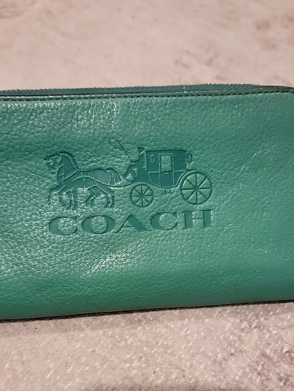 COACH Green Pebble Leather Zip Around Wallet With Wrist Strap
